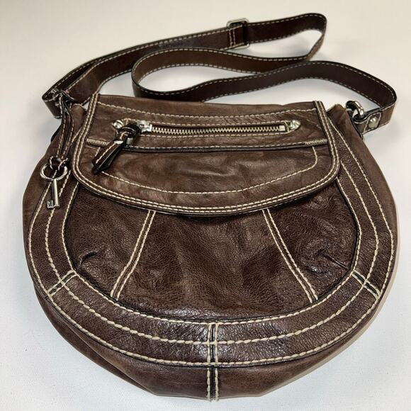 Fossil Pebbled Leather Crossbody Bag Rich Chocolate Brown Contrast Stitching - Picture 1 of 15